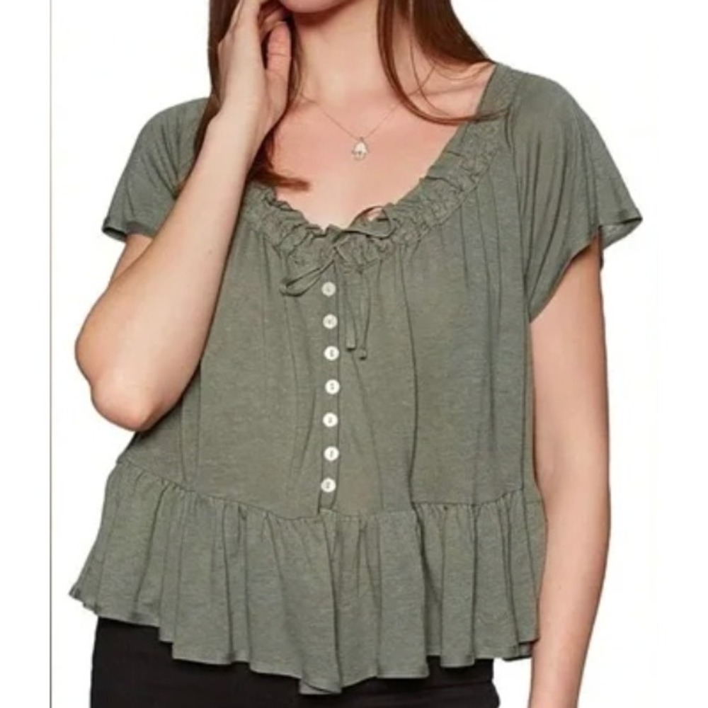 Free People Charlie T shirt Sage Green Rayon‎ Linen Babydoll Ruffle Blouse Small